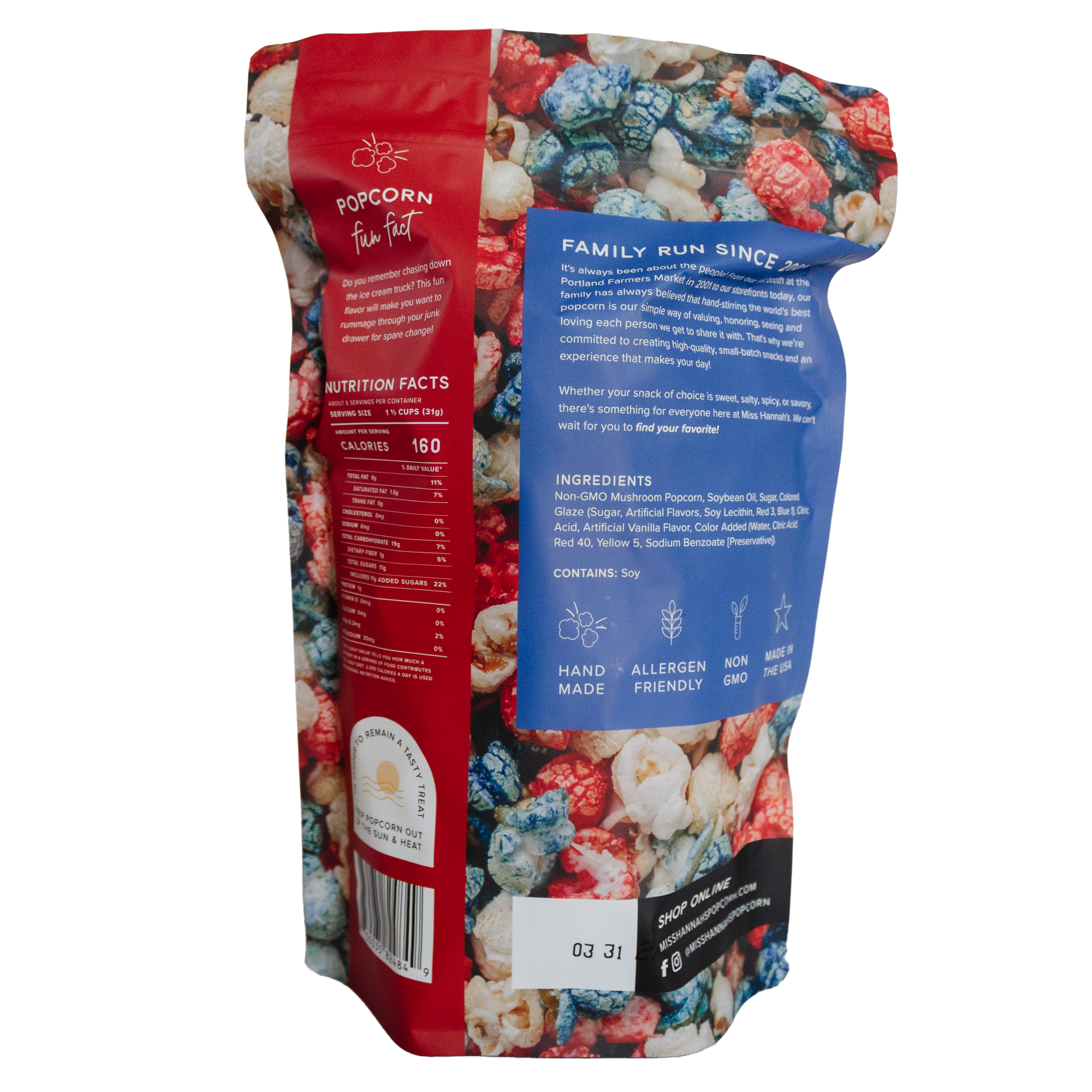 Popcorn bag with red and blue labels on a white background